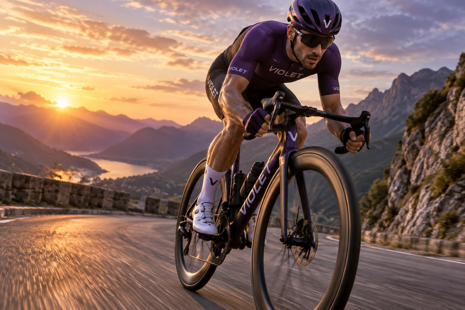 A road cyclist pushing hard up a mountain road at golden hour.
